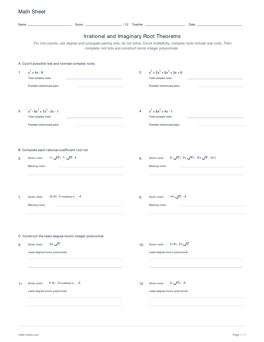 First page preview: Irrational and imaginary root theorem worksheets