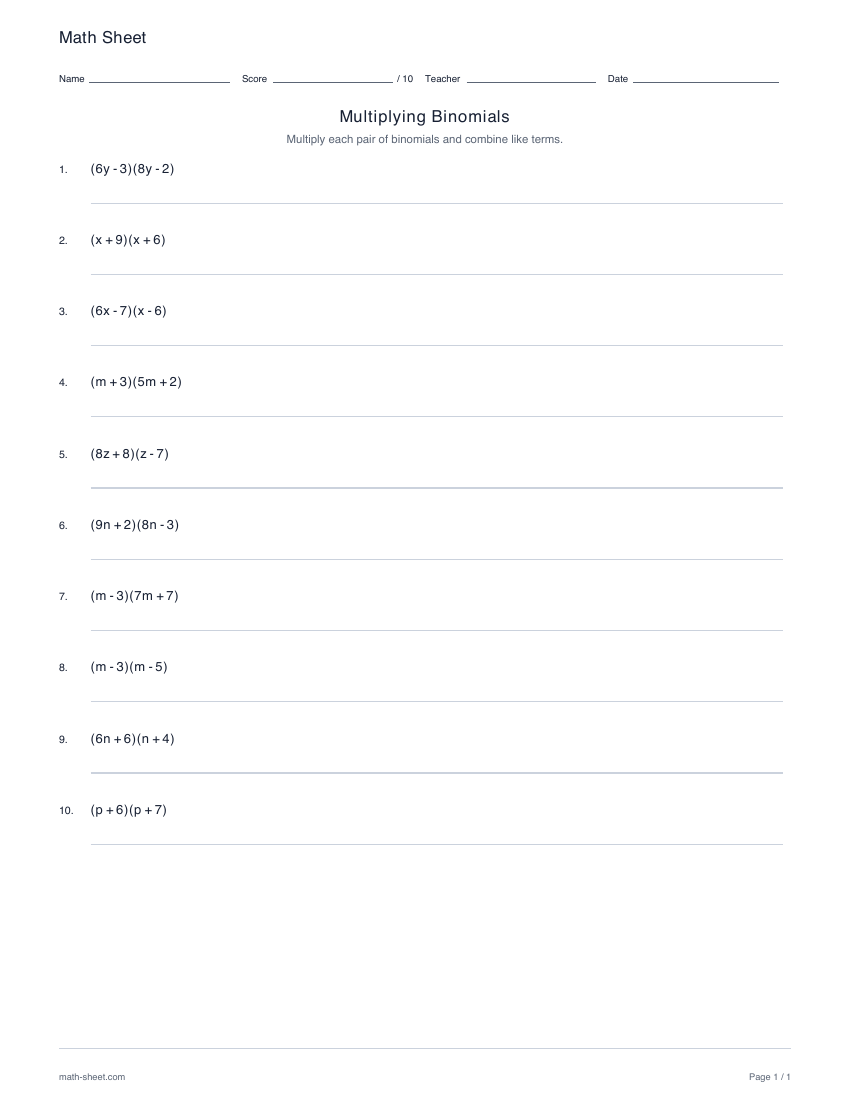 First page preview: Multiplying binomials worksheets
