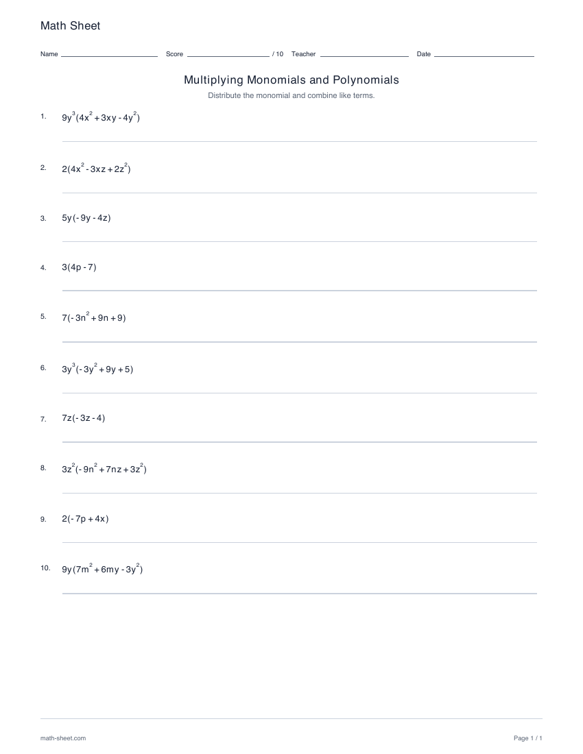 First page preview: Multiplying monomials and polynomials worksheets