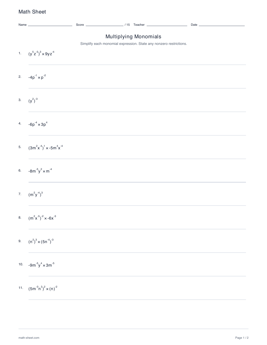 First page preview: Multiplying monomials worksheets