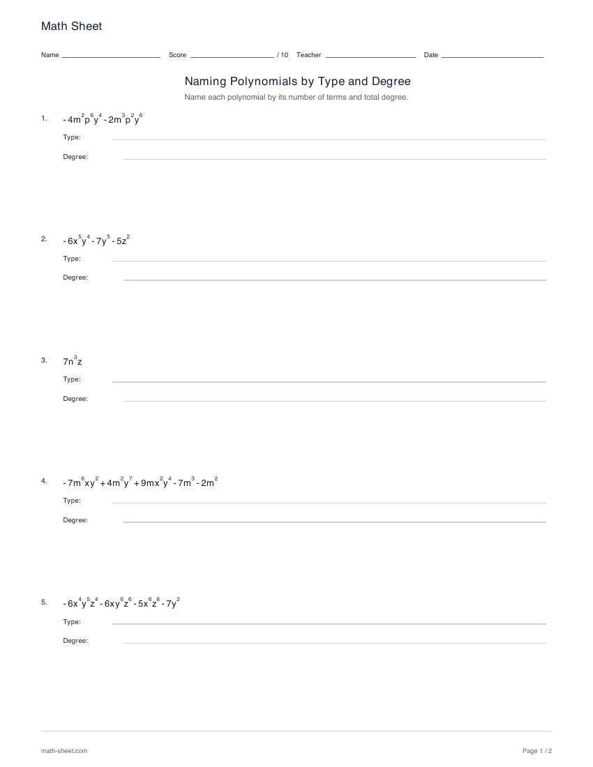 First page preview: Naming polynomials by type and degree worksheets