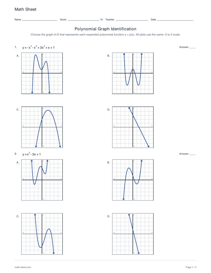First page preview: Polynomial graph identification worksheets