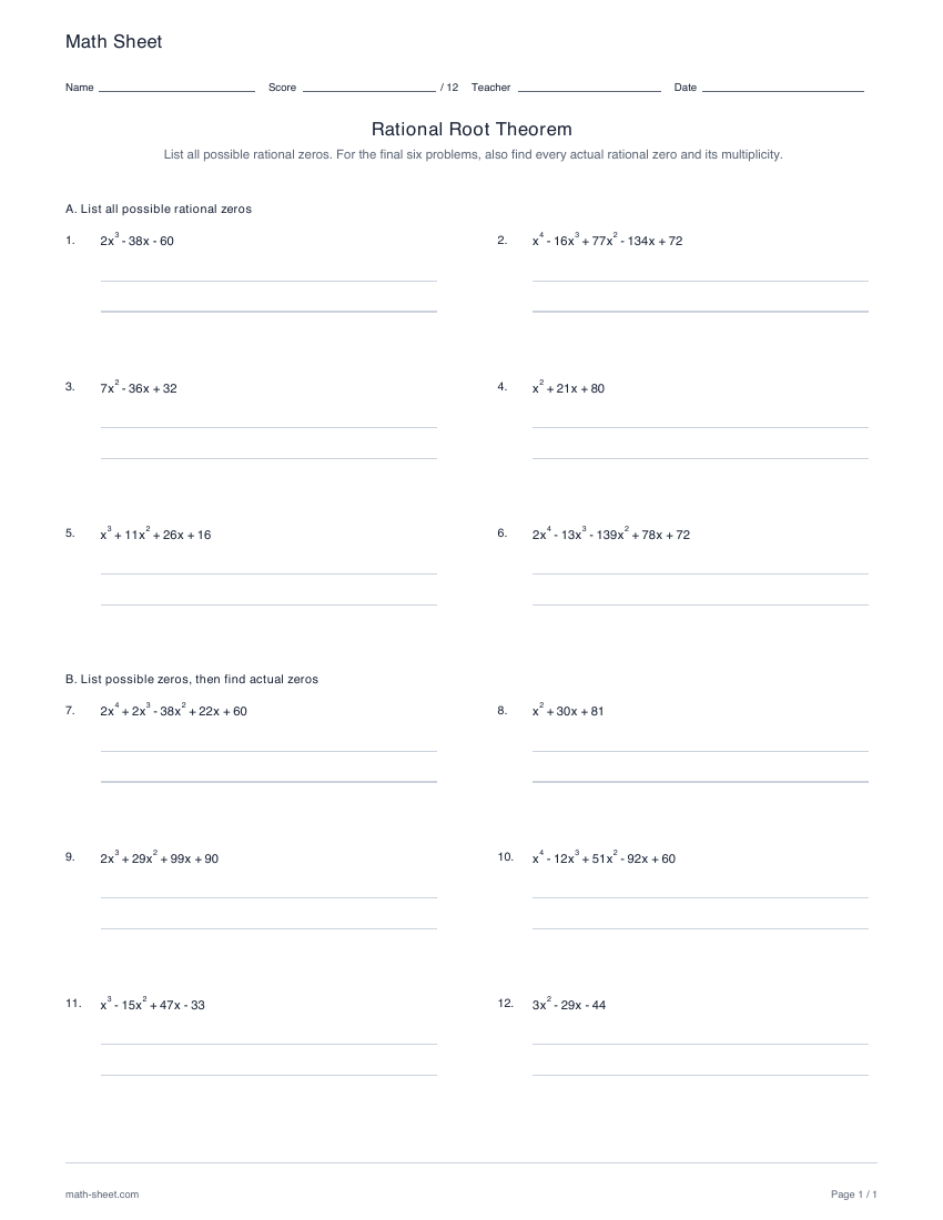 First page preview: Rational Root Theorem worksheets