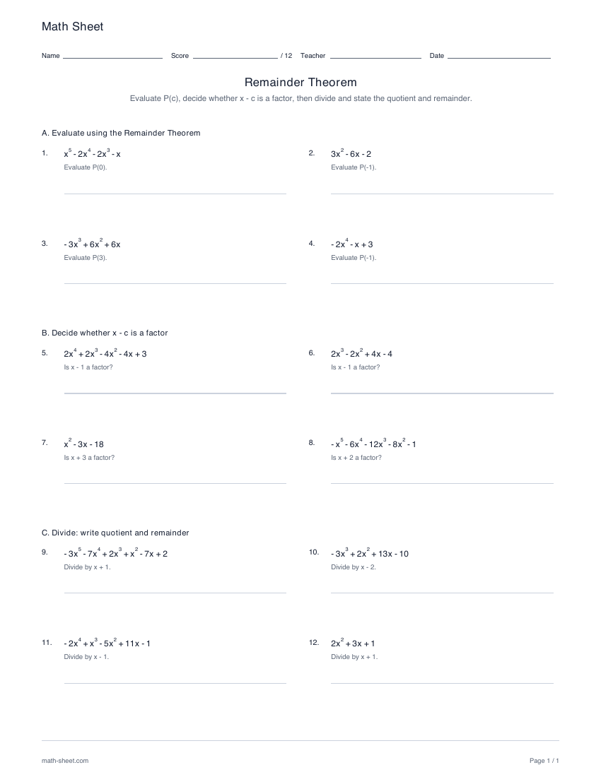 First page preview: Remainder theorem worksheets