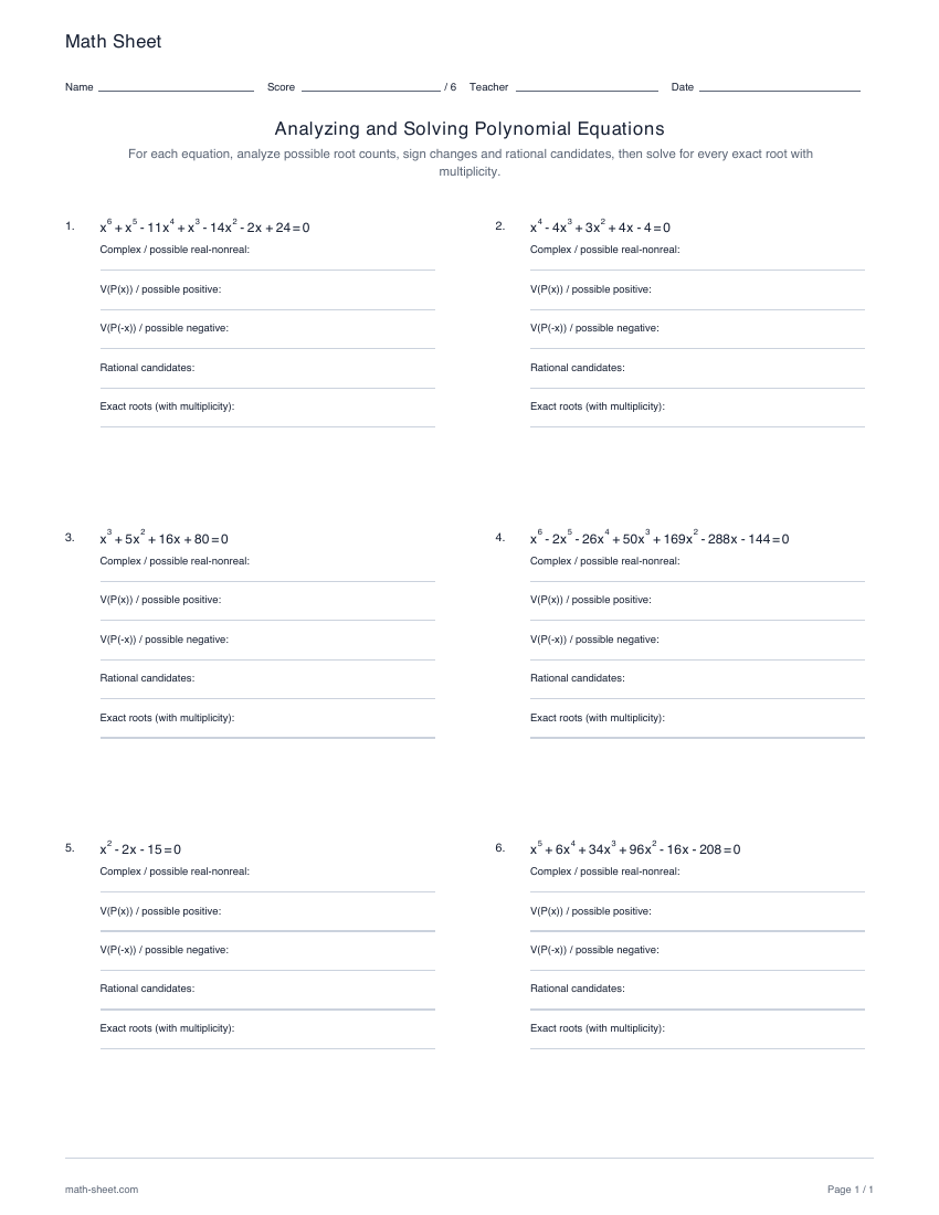 First page preview: Analyzing and solving polynomial equations worksheets