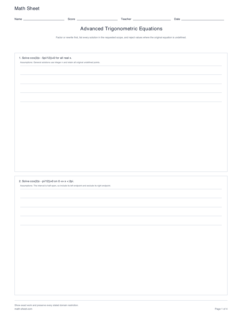 Printable advanced trigonometric equations preview