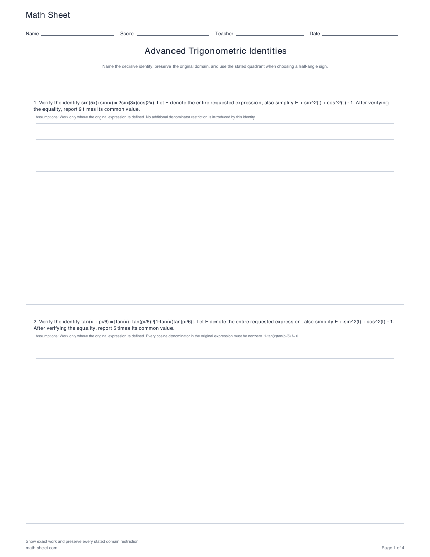 Printable advanced trigonometric identities preview