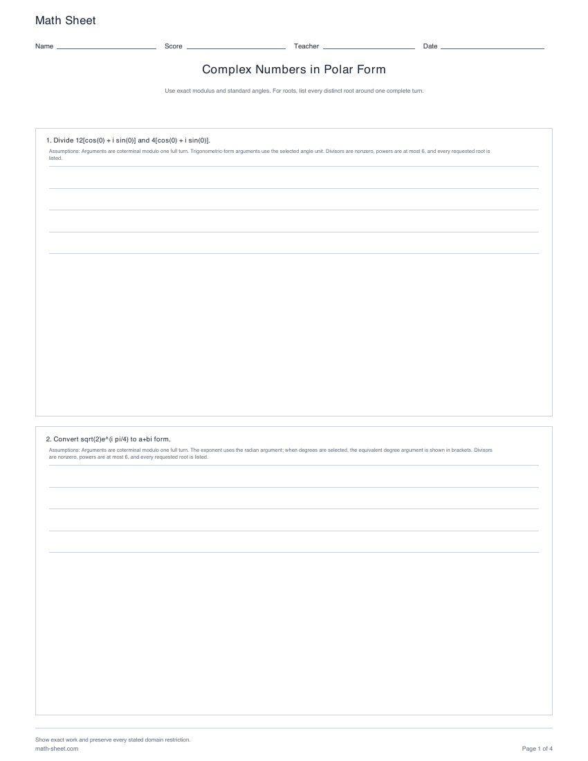Printable complex numbers in polar form preview