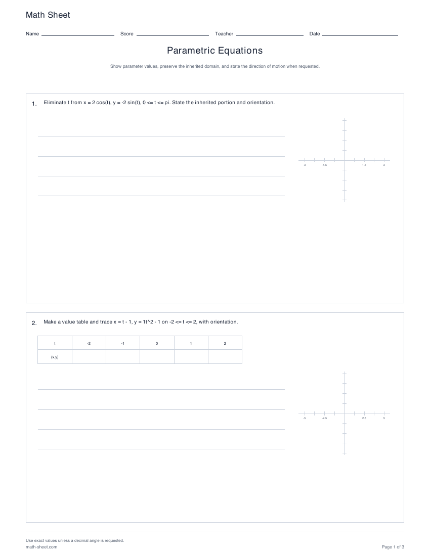 Printable parametric equations worksheets preview