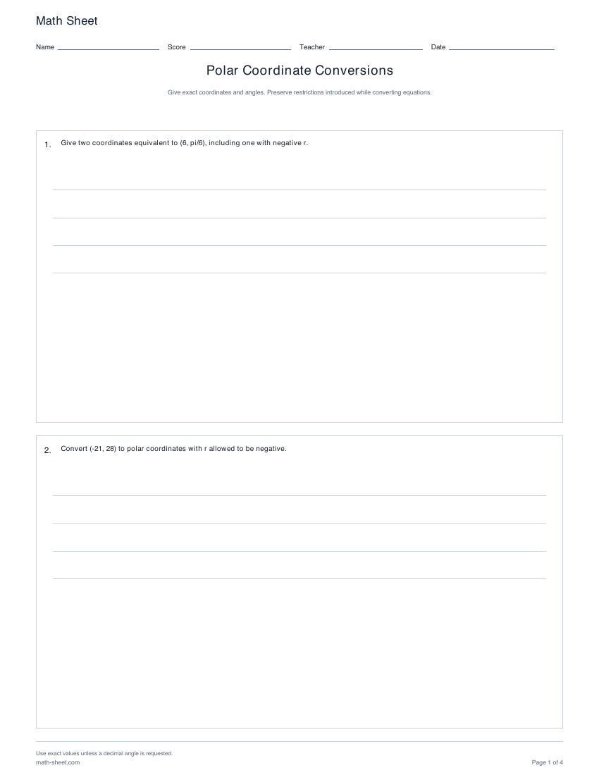 Printable polar coordinate conversions worksheets preview