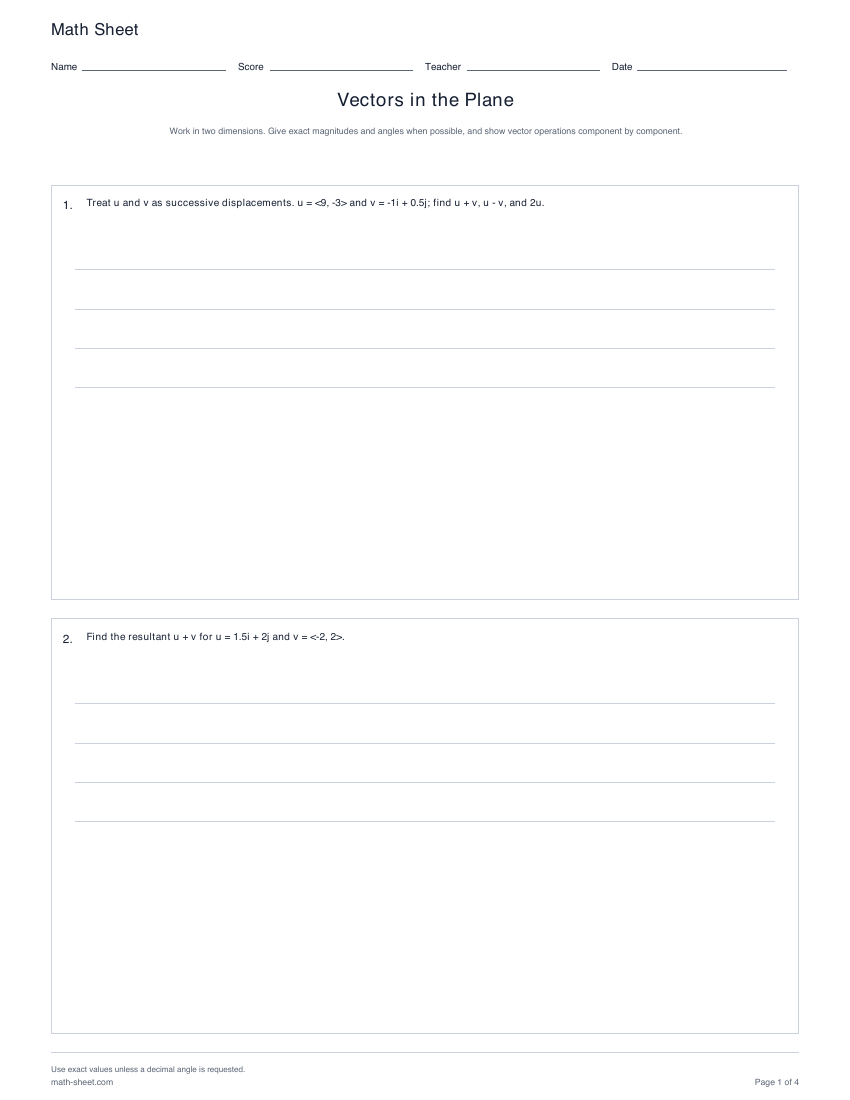 Printable vectors in the plane worksheets preview
