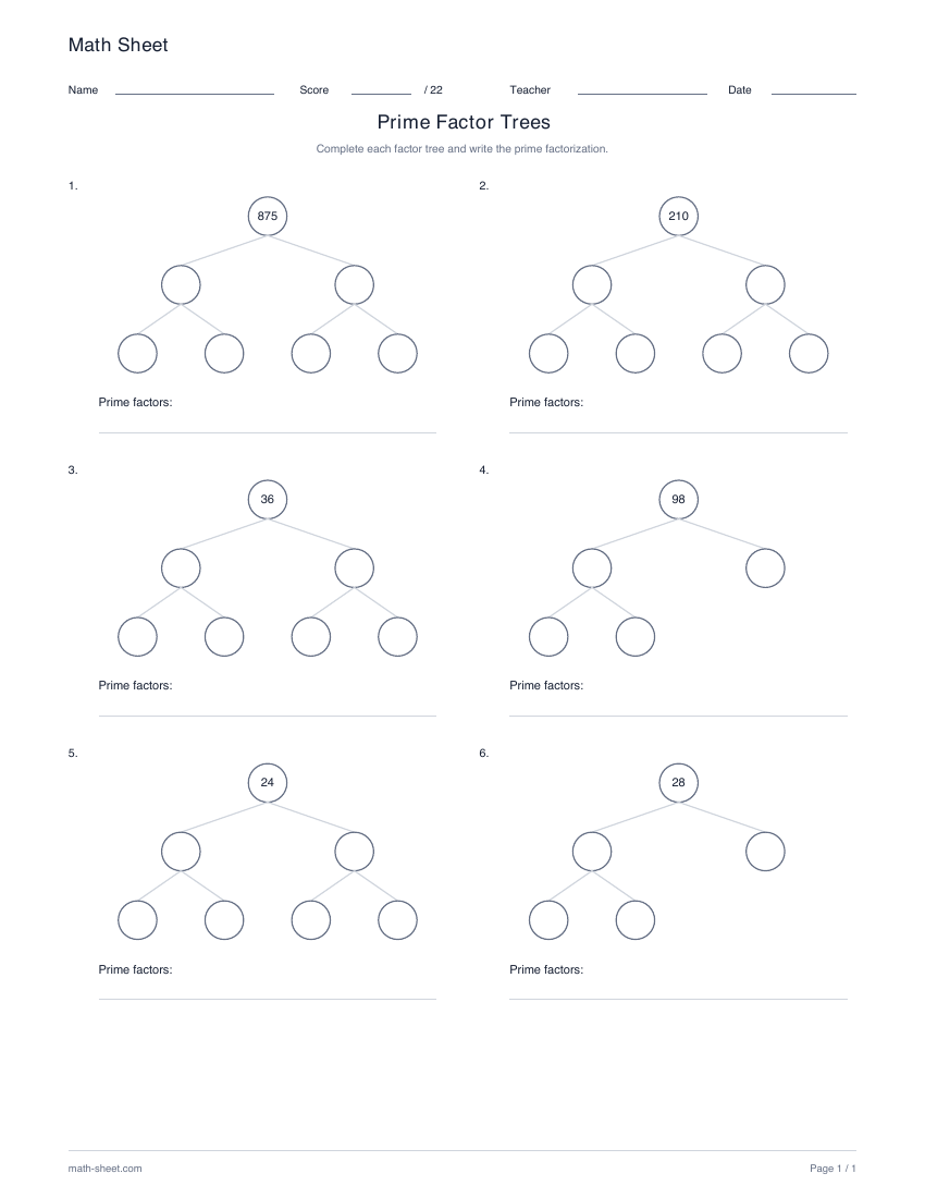 Printable prime factor trees worksheet preview