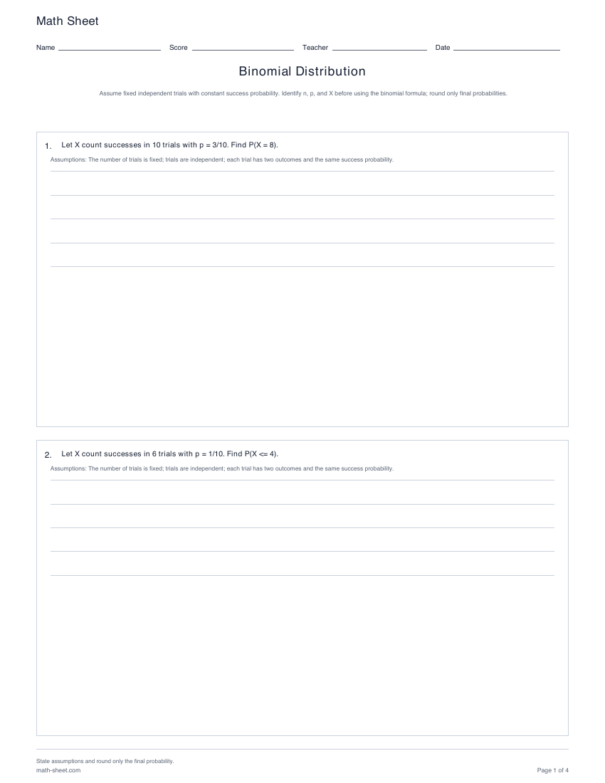 Printable binomial distribution worksheets preview