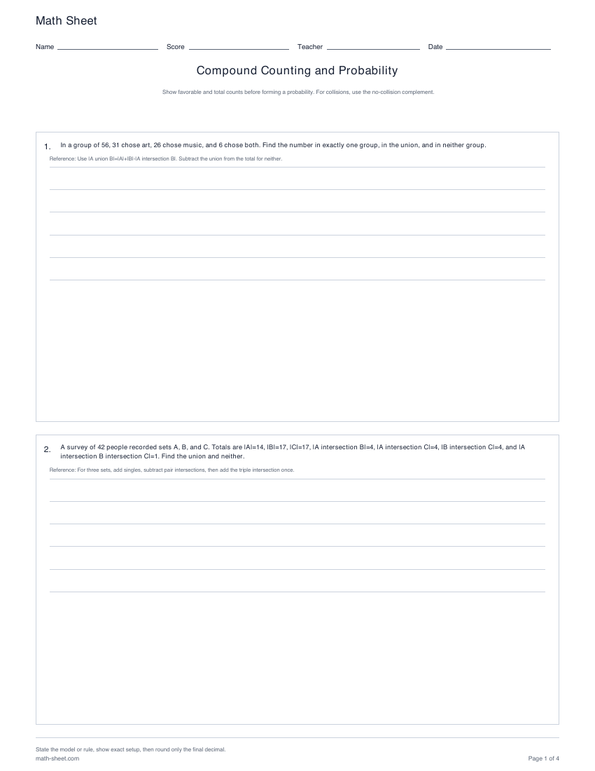 Printable compound counting and probability worksheets preview