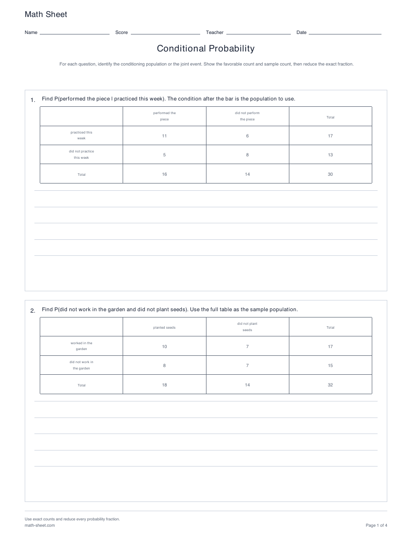 Printable conditional probability worksheets preview