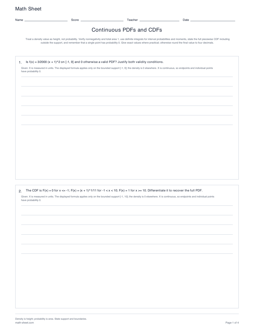 Printable continuous pdfs and cdfs worksheets preview