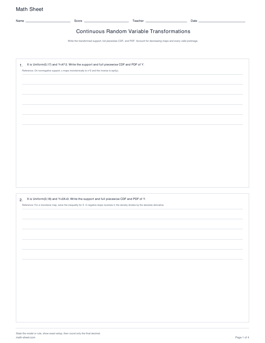 Printable continuous random variable transformations worksheets preview