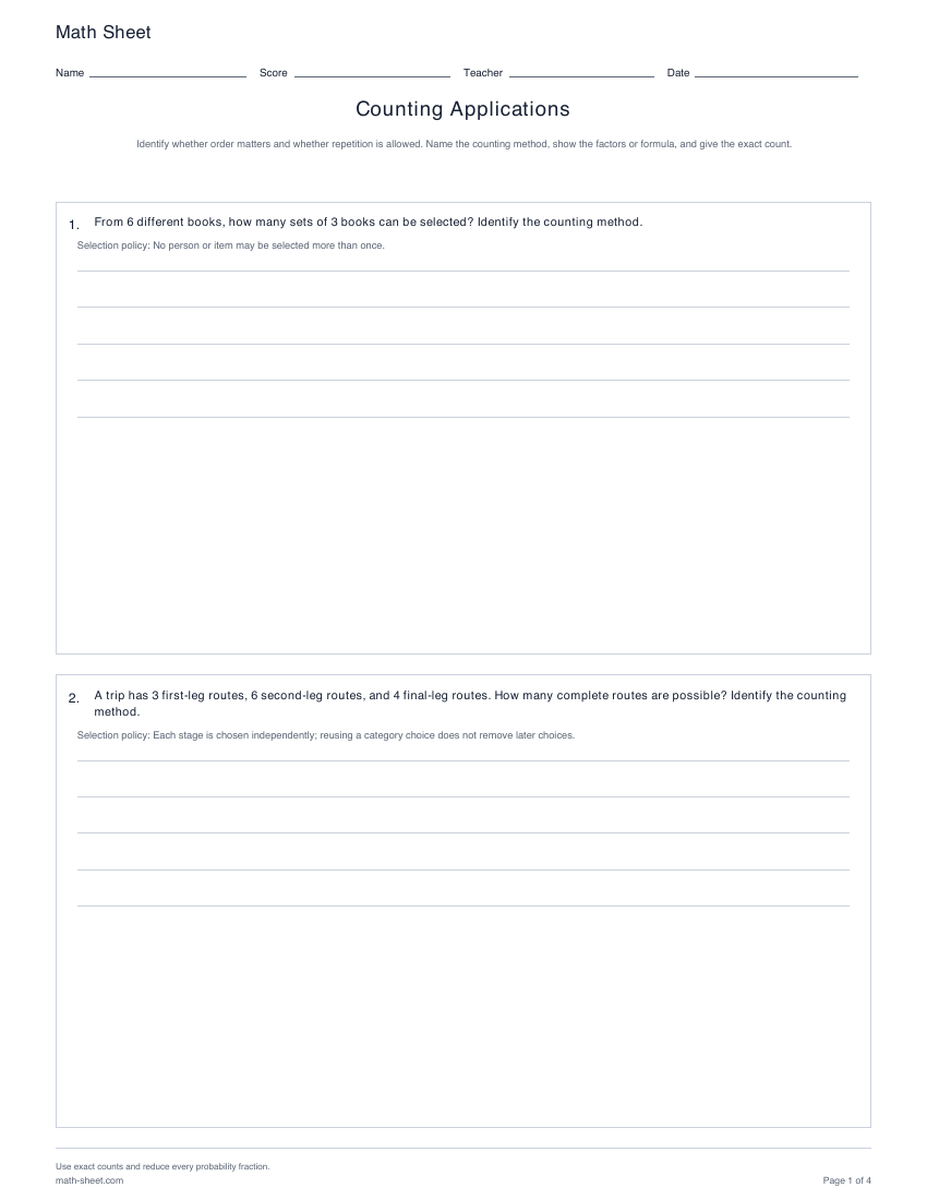 Printable counting applications worksheets preview