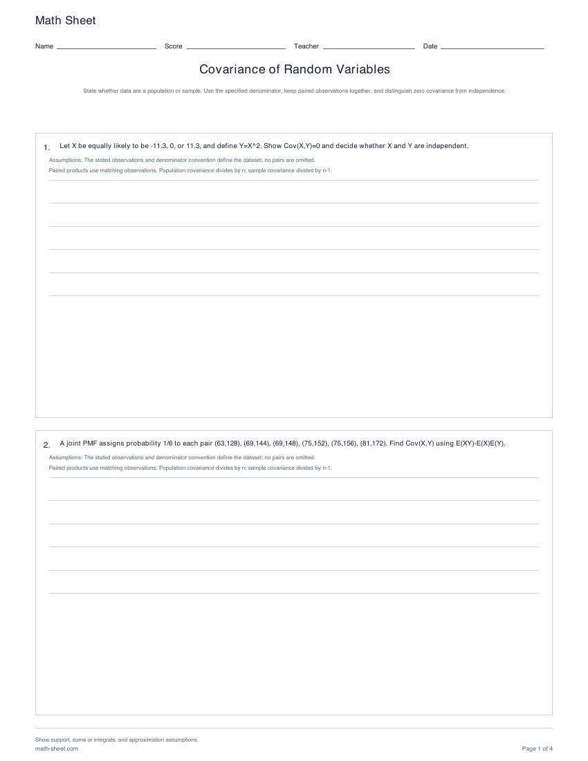 Printable covariance of random variables worksheets preview