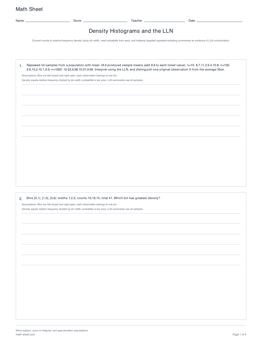 Printable density histograms and the lln worksheets preview
