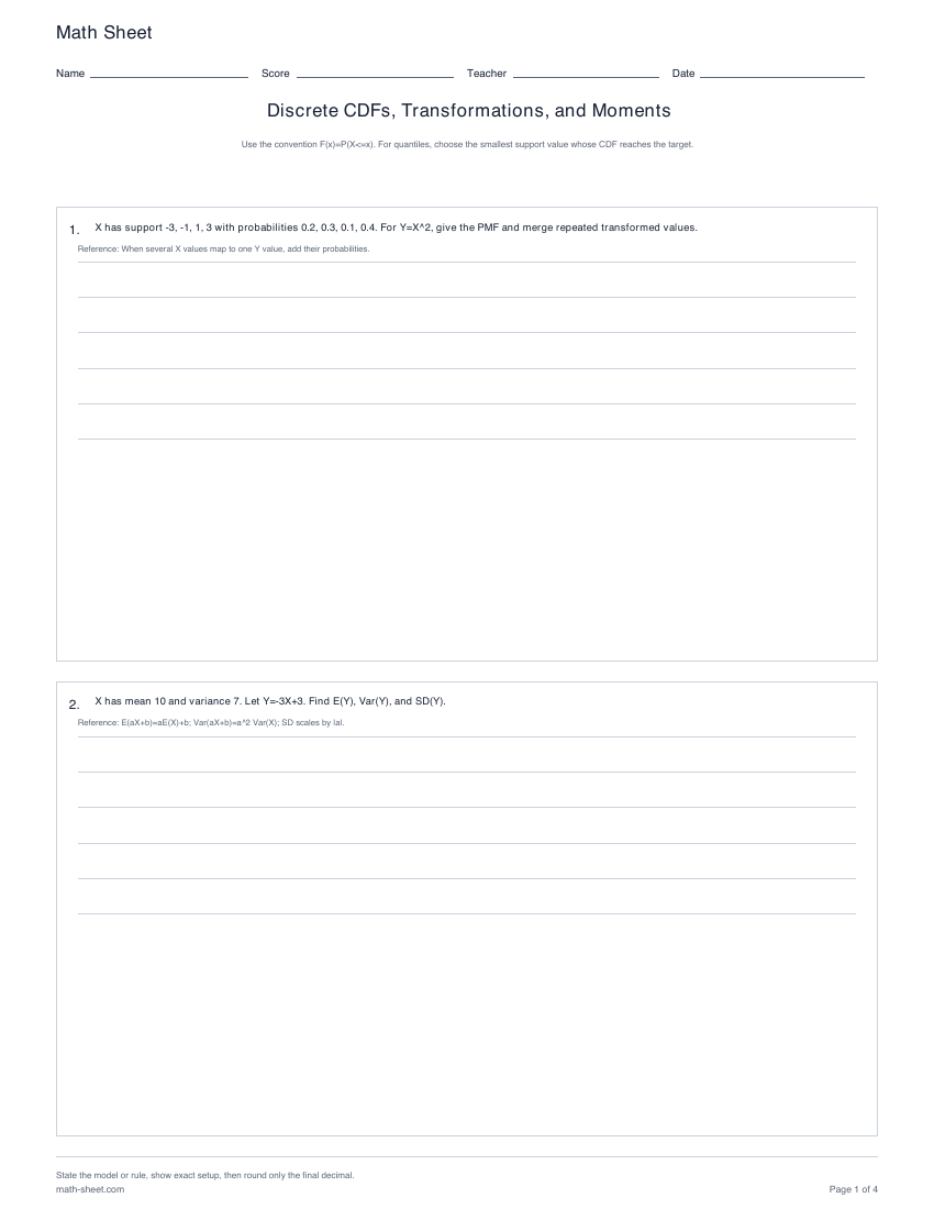 Printable discrete cdfs, transformations, and moments worksheets preview