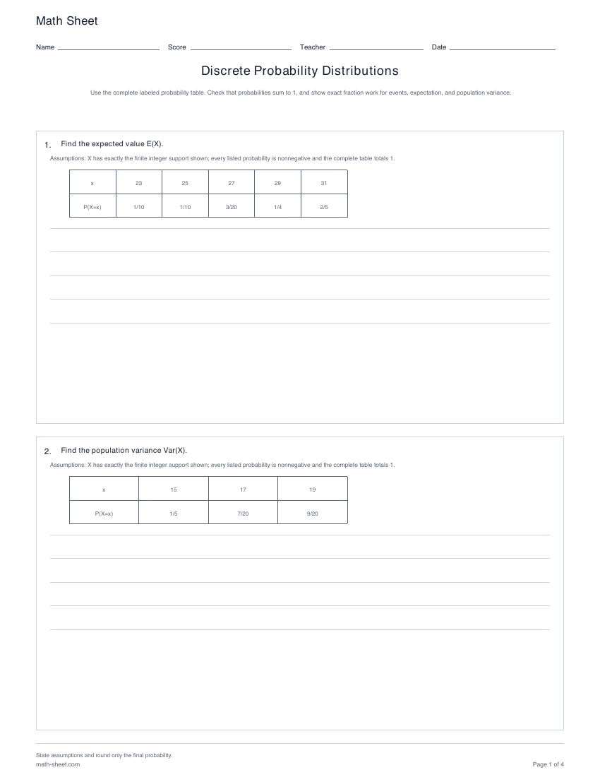 Printable discrete probability distributions worksheets preview