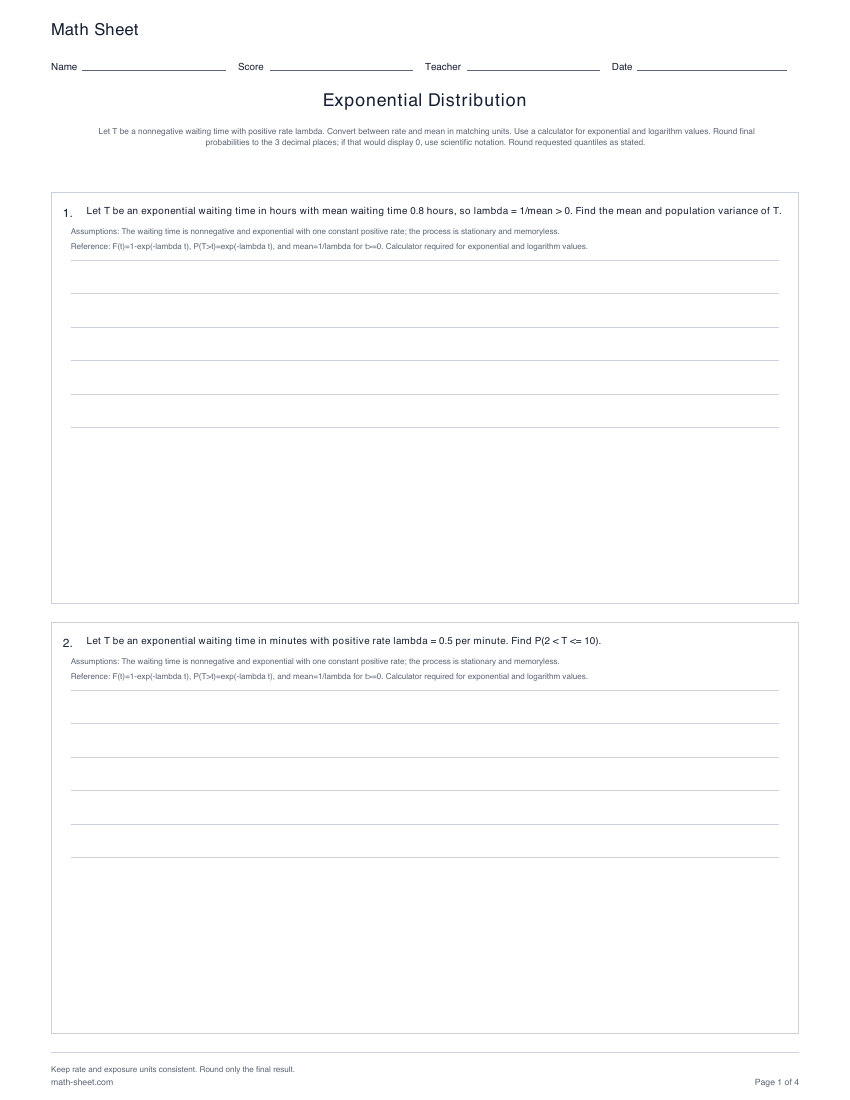 Printable exponential distribution worksheets preview
