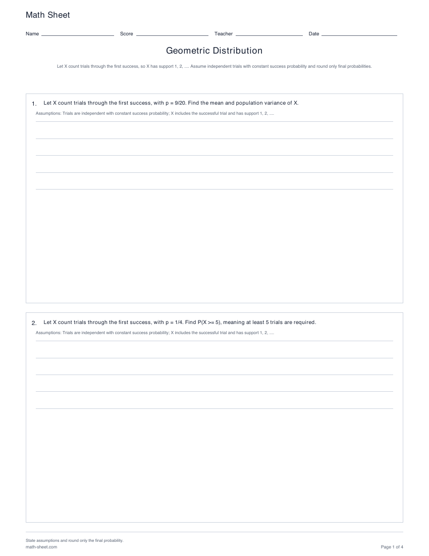 Printable geometric distribution worksheets preview