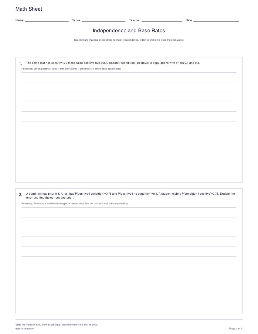 Printable independence and base rates worksheets preview