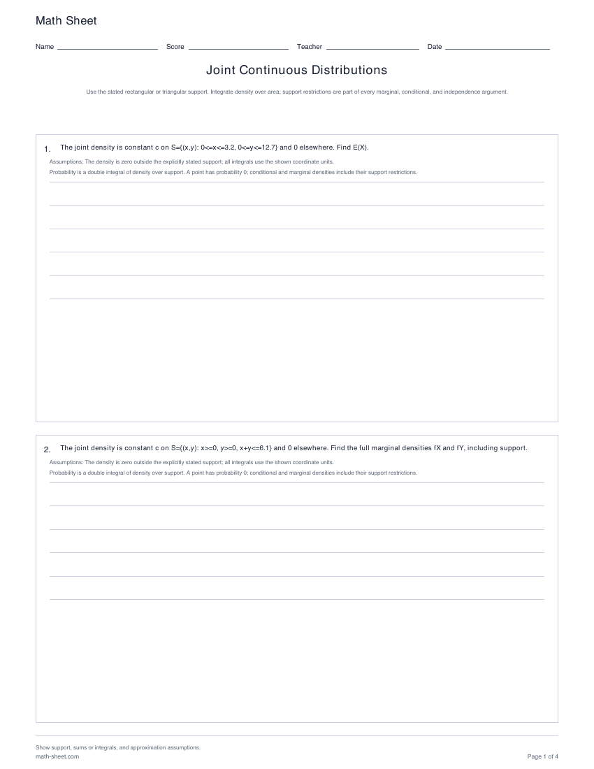 Printable joint continuous distributions worksheets preview