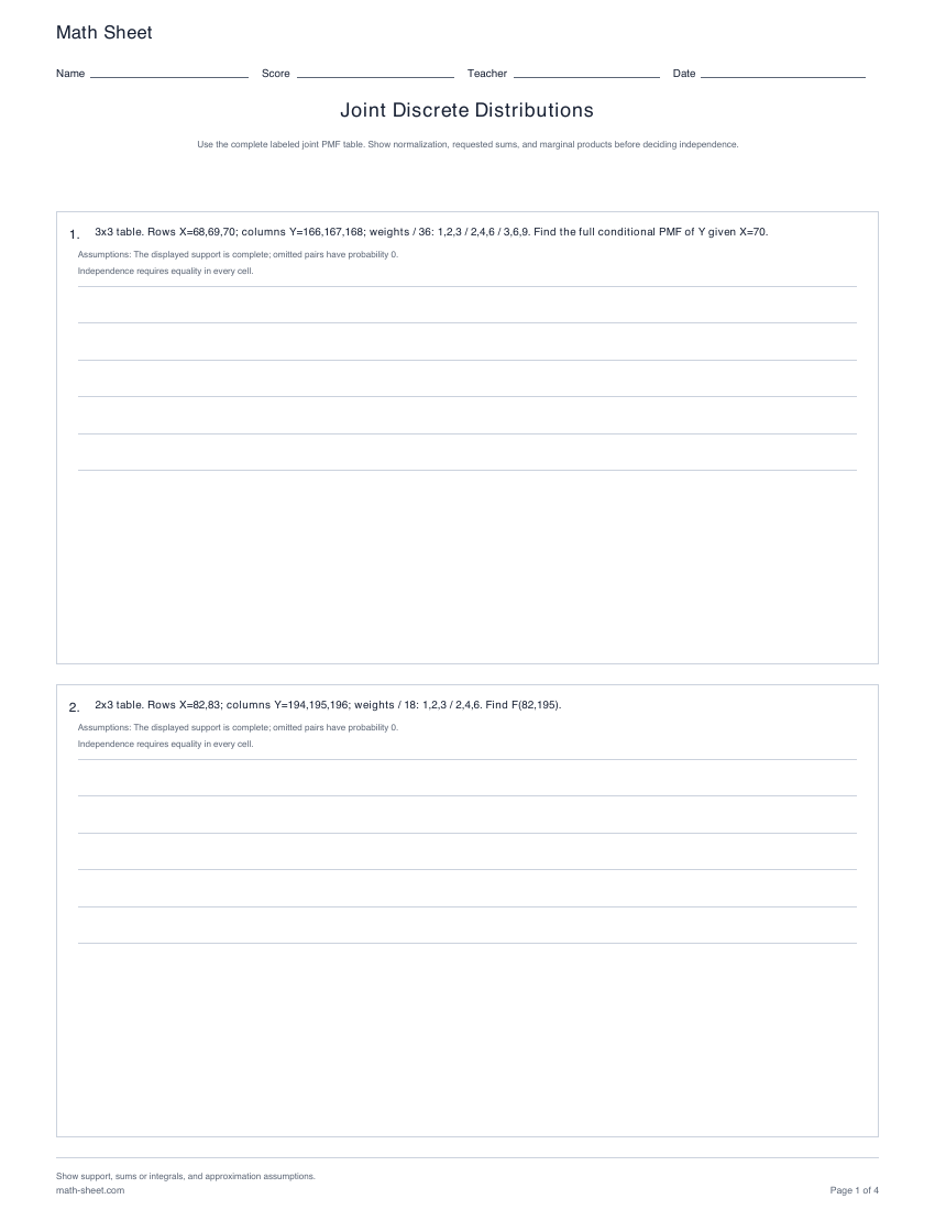 Printable joint discrete distributions worksheets preview