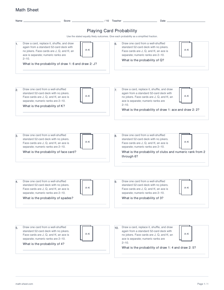 First page preview: Playing card probability worksheets