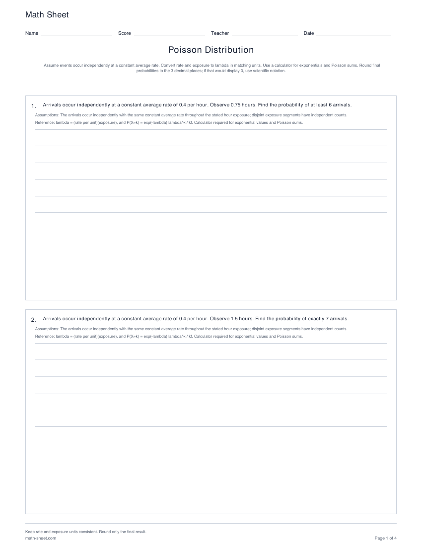 Printable poisson distribution worksheets preview