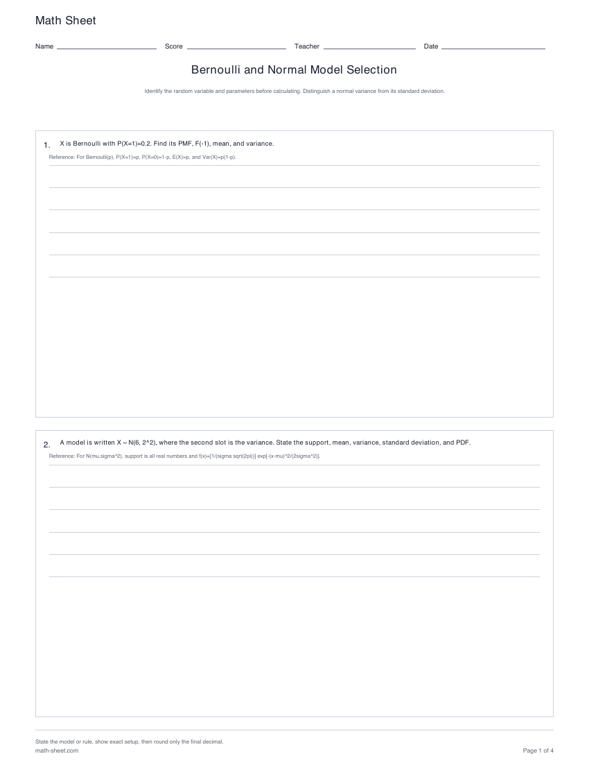Printable bernoulli and normal model selection worksheets preview