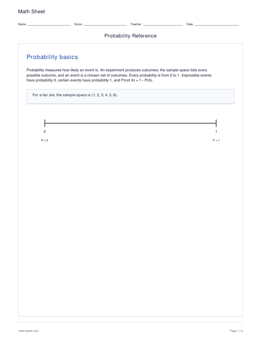First page preview: Probability reference sheet