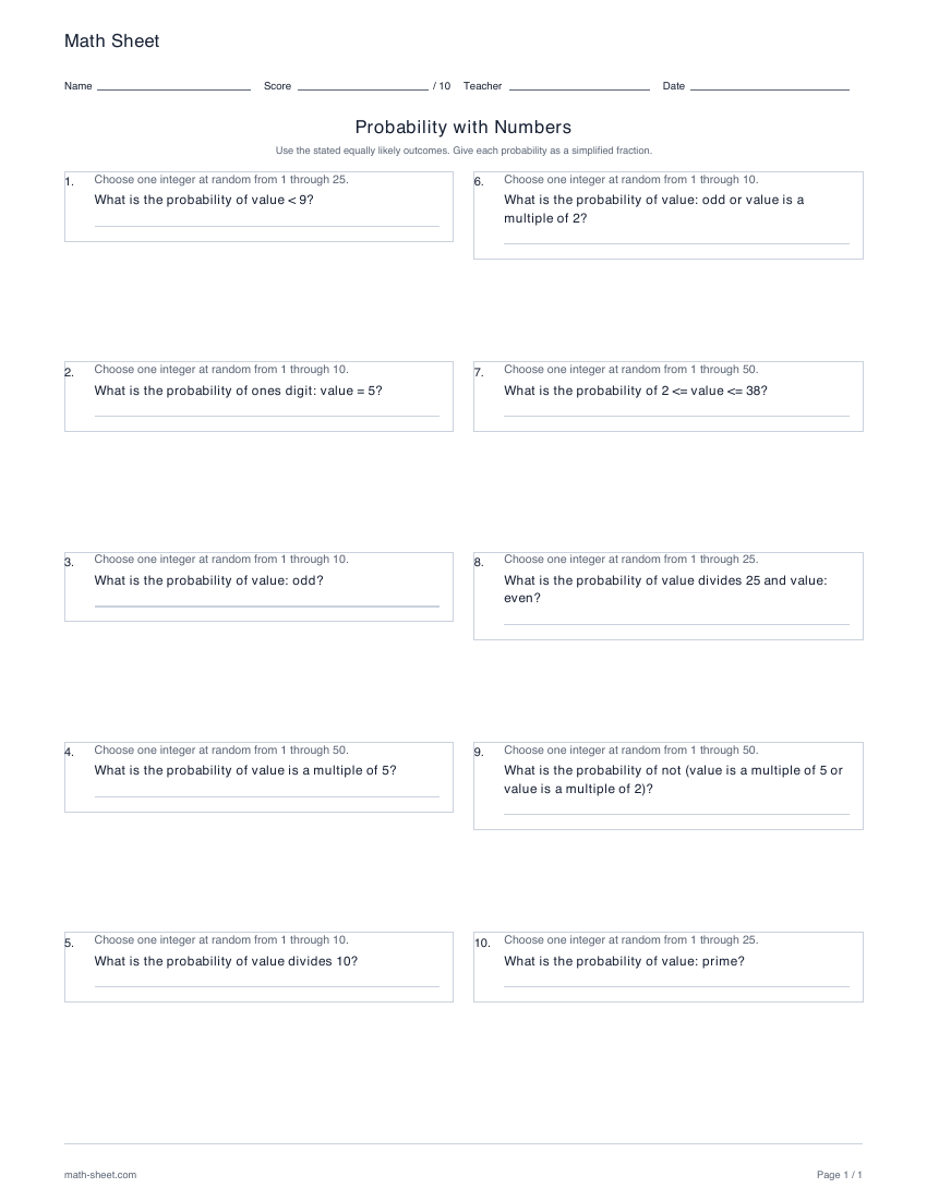 First page preview: Probability with numbers worksheets