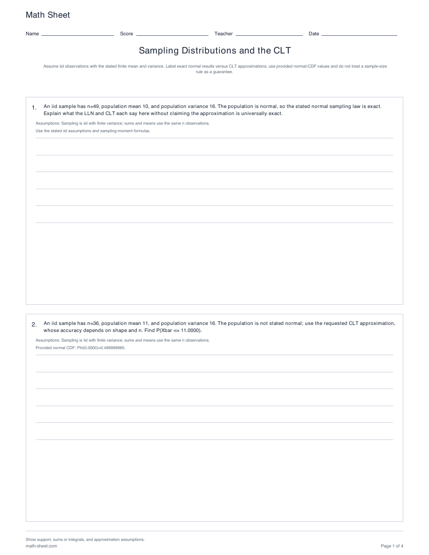 Printable sampling distributions and the clt worksheets preview
