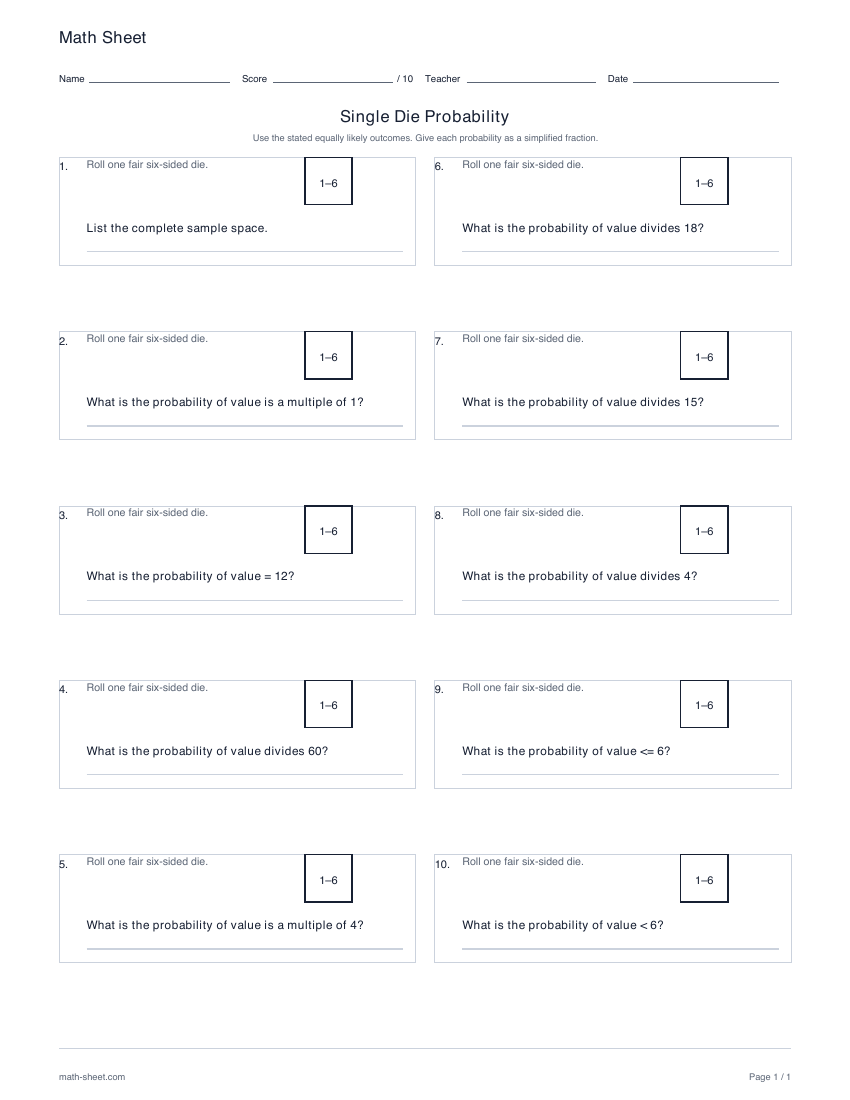 First page preview: Single die probability worksheets