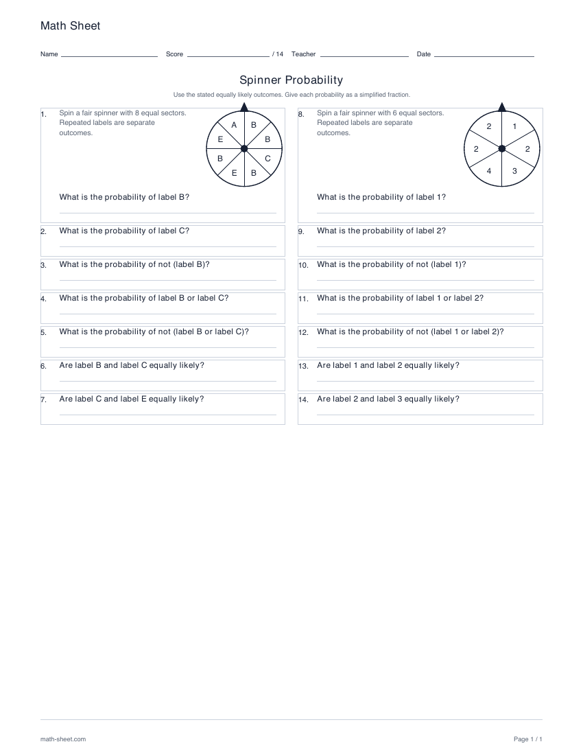 First page preview: Spinner probability worksheets