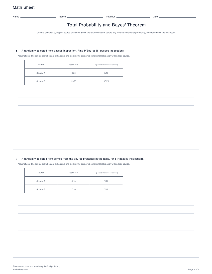 Printable total probability and bayes' theorem worksheets preview