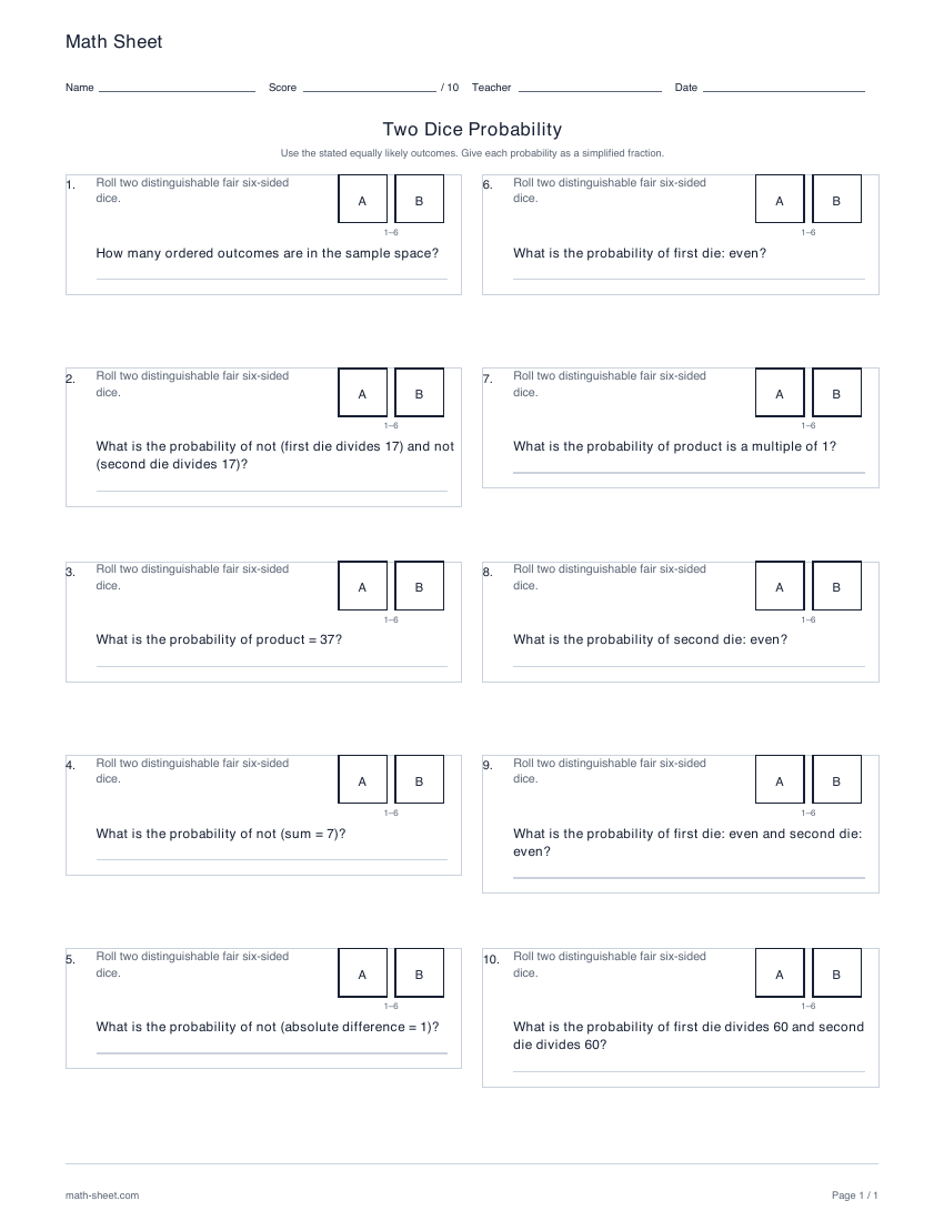 First page preview: Two dice probability worksheets