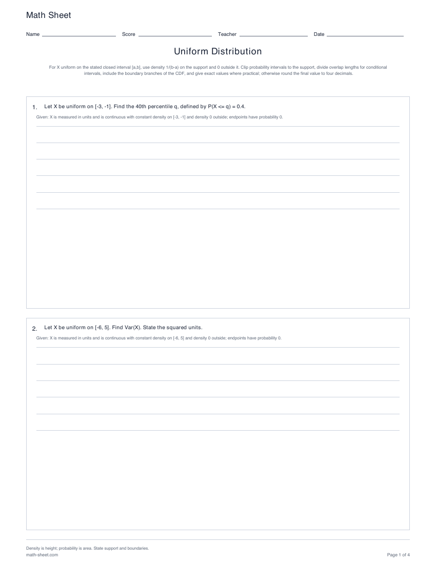 Printable uniform distribution worksheets preview