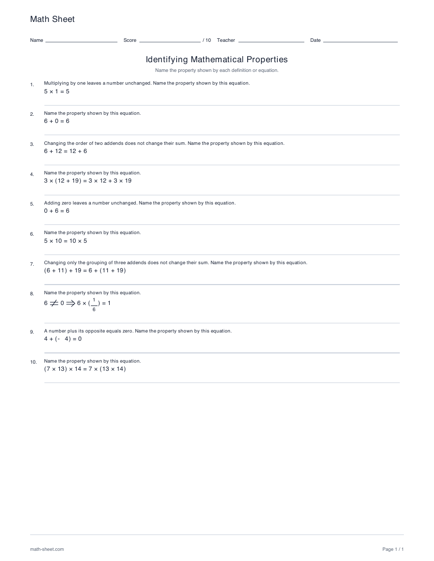 First page preview: Identifying math properties worksheets