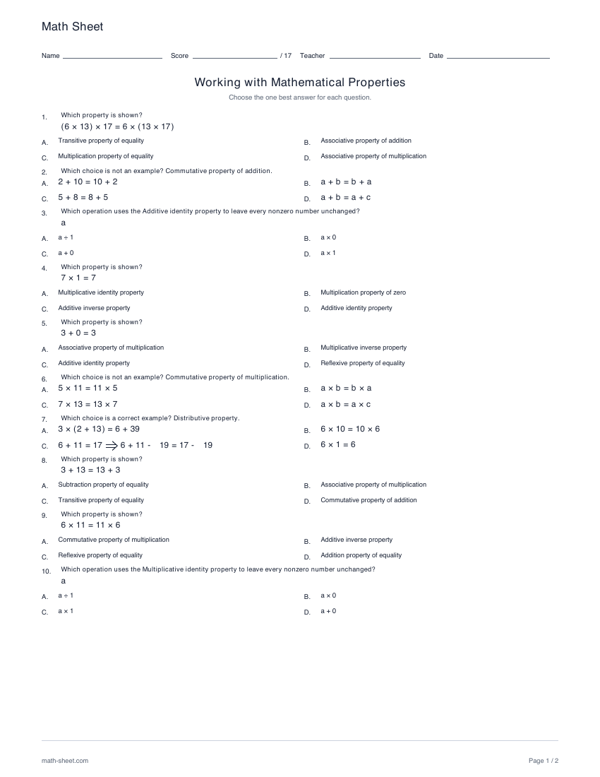 First page preview: Working with math properties worksheets