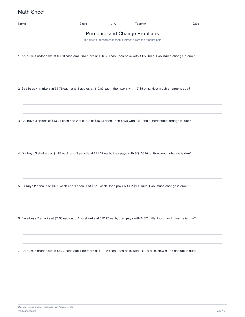 Printable purchase and change word problems worksheet preview