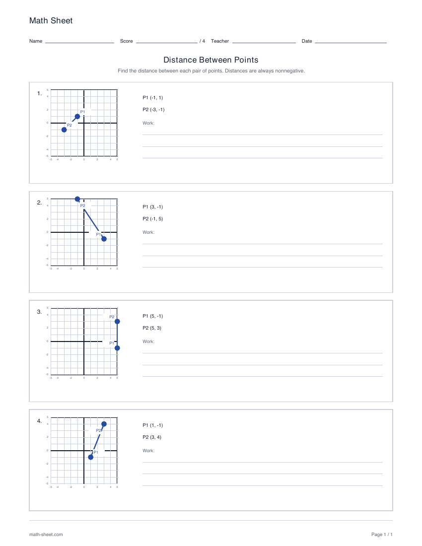 First page preview: Distance between two points worksheets