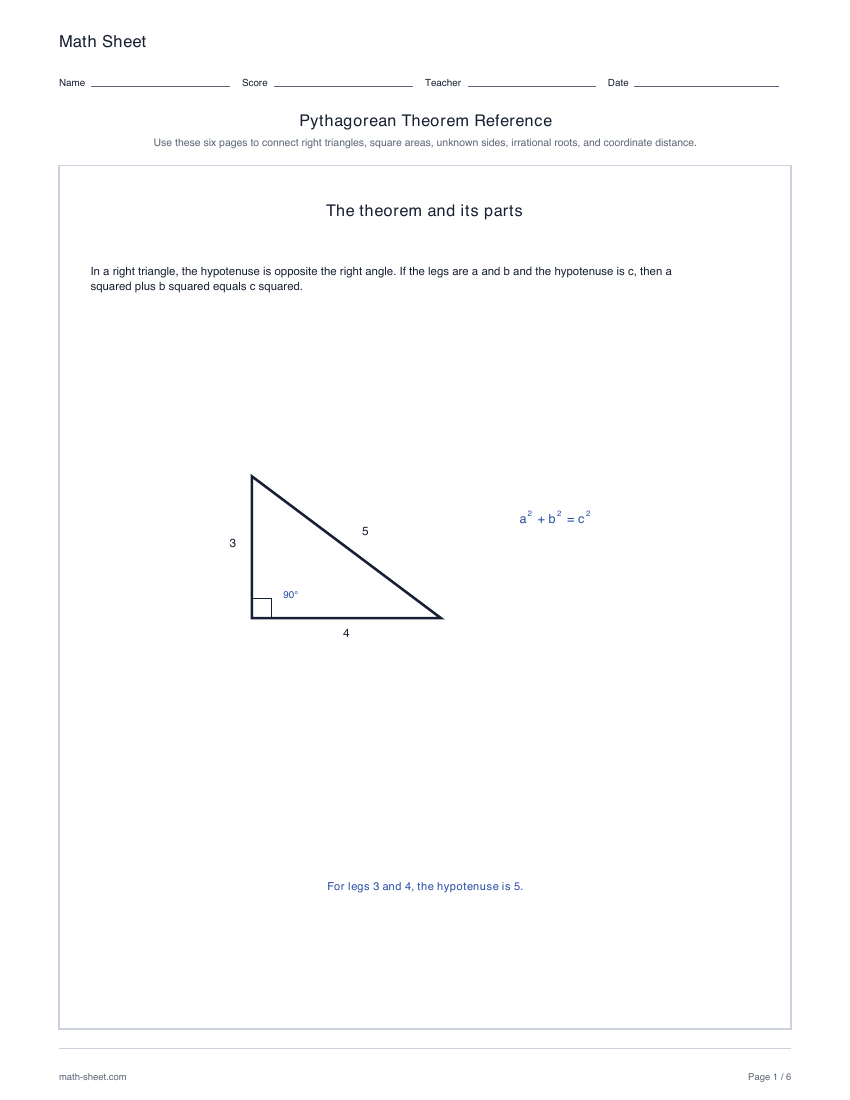 First page preview: Pythagorean theorem reference and worked examples