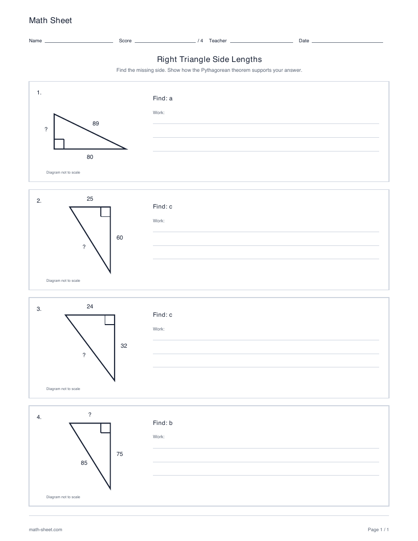 First page preview: Pythagorean theorem worksheet: missing side lengths