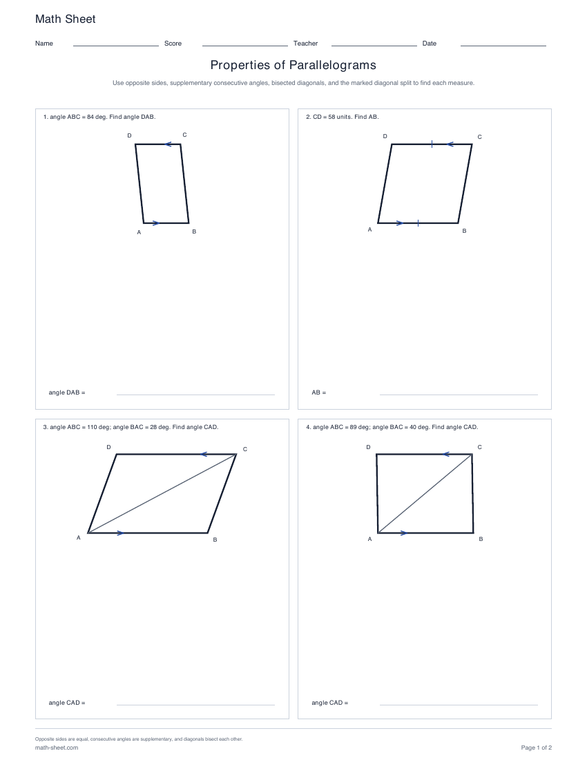First page preview: Parallelogram Properties Worksheets