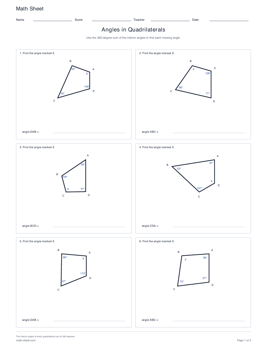 First page preview: Quadrilateral Angle Sum Worksheets
